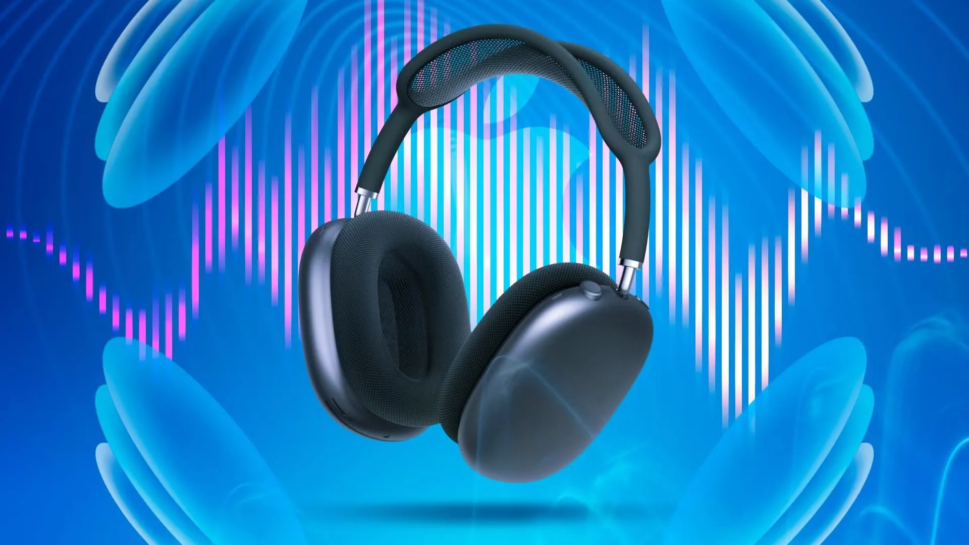 Tai nghe AirPods Max hiển thị các sóng âm thanh, tượng trưng cho chất lượng âm thanh lossless và độ trễ cực thấp