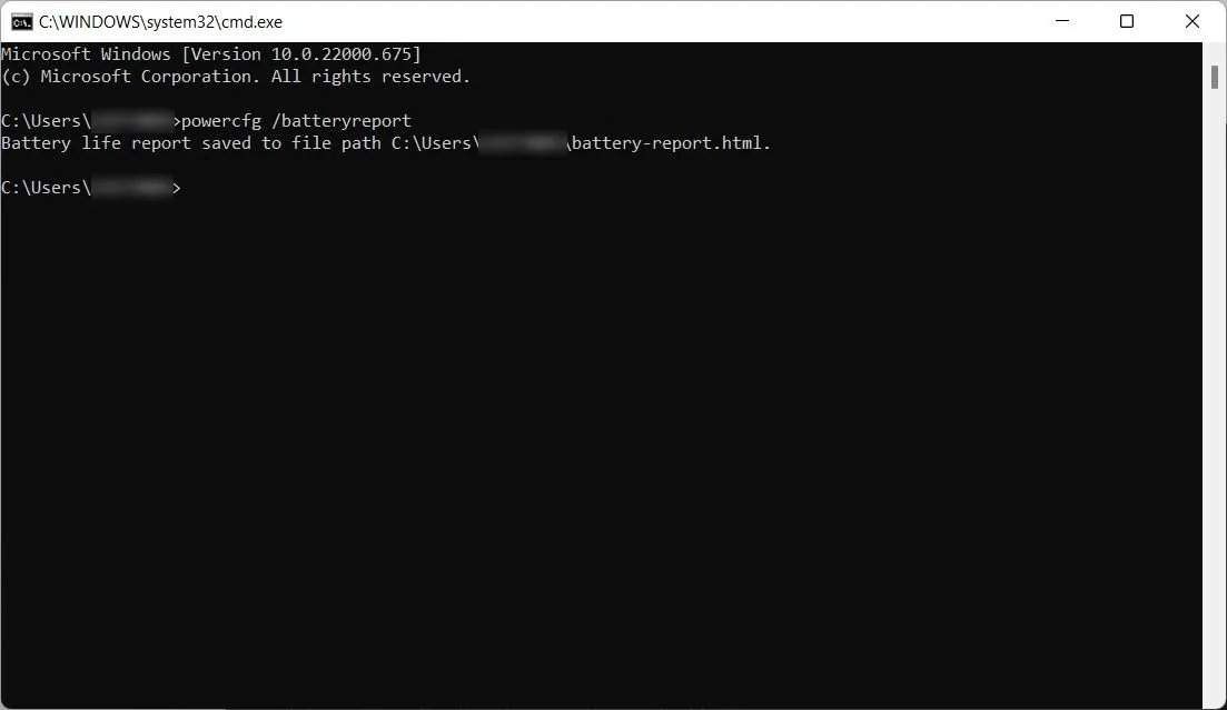Tạo báo cáo tình trạng pin laptop qua dòng lệnh powercfg/batteryreport trong Command Prompt