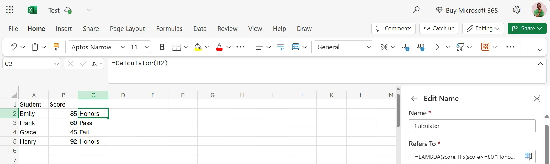 Tạo hàm tính điểm tùy chỉnh bằng LAMBDA trong Excel