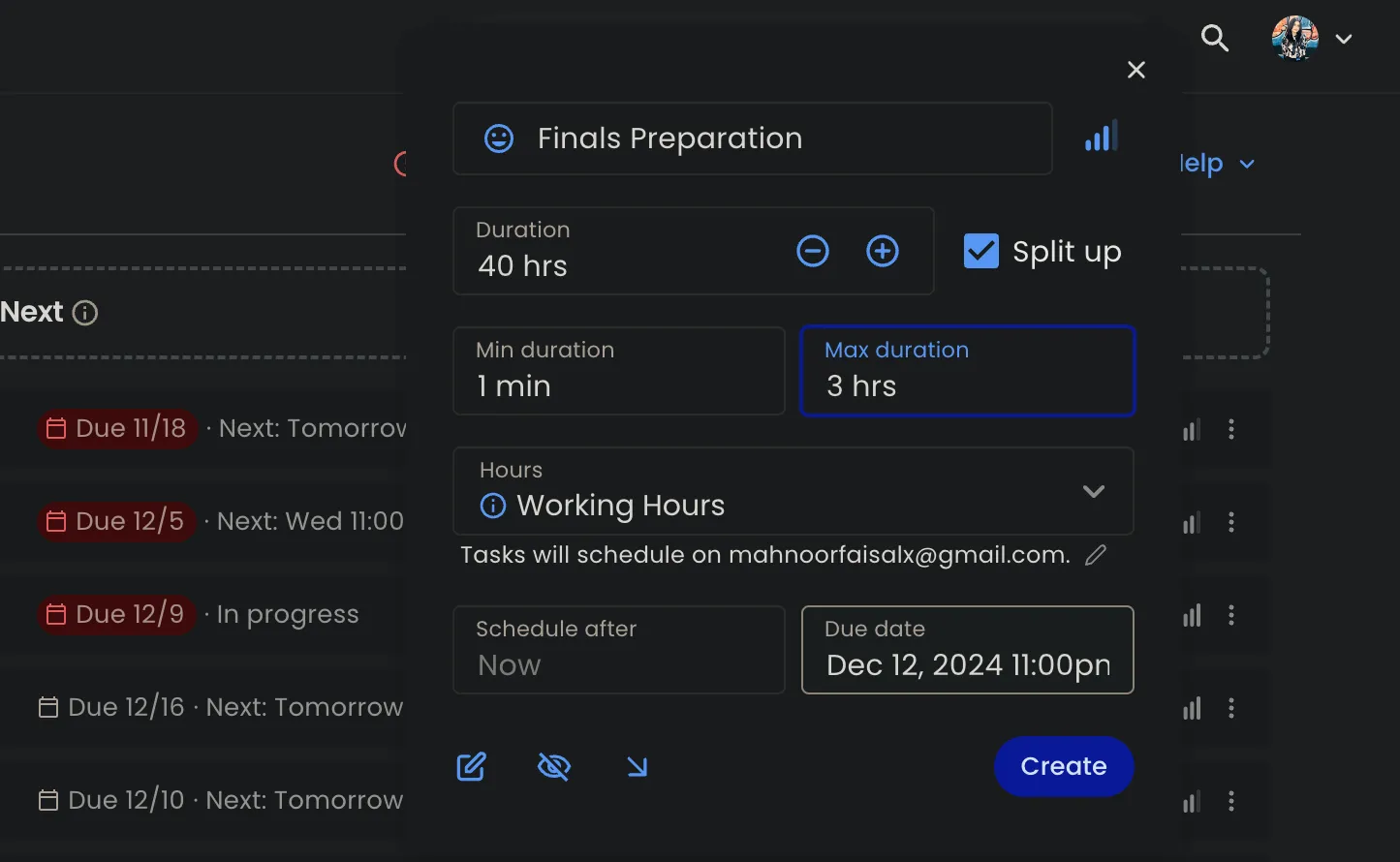 Tạo một nhiệm vụ mới trên Reclaim có tên &quot;Finals Preparation&quot; (Chuẩn bị thi cuối kỳ)