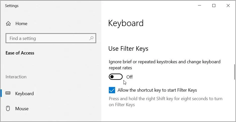 Tắt tính năng Filter Keys trong cài đặt bàn phím của Windows 10 để loại bỏ hiện tượng nhập liệu bị trễ hoặc lặp ký tự không mong muốn.