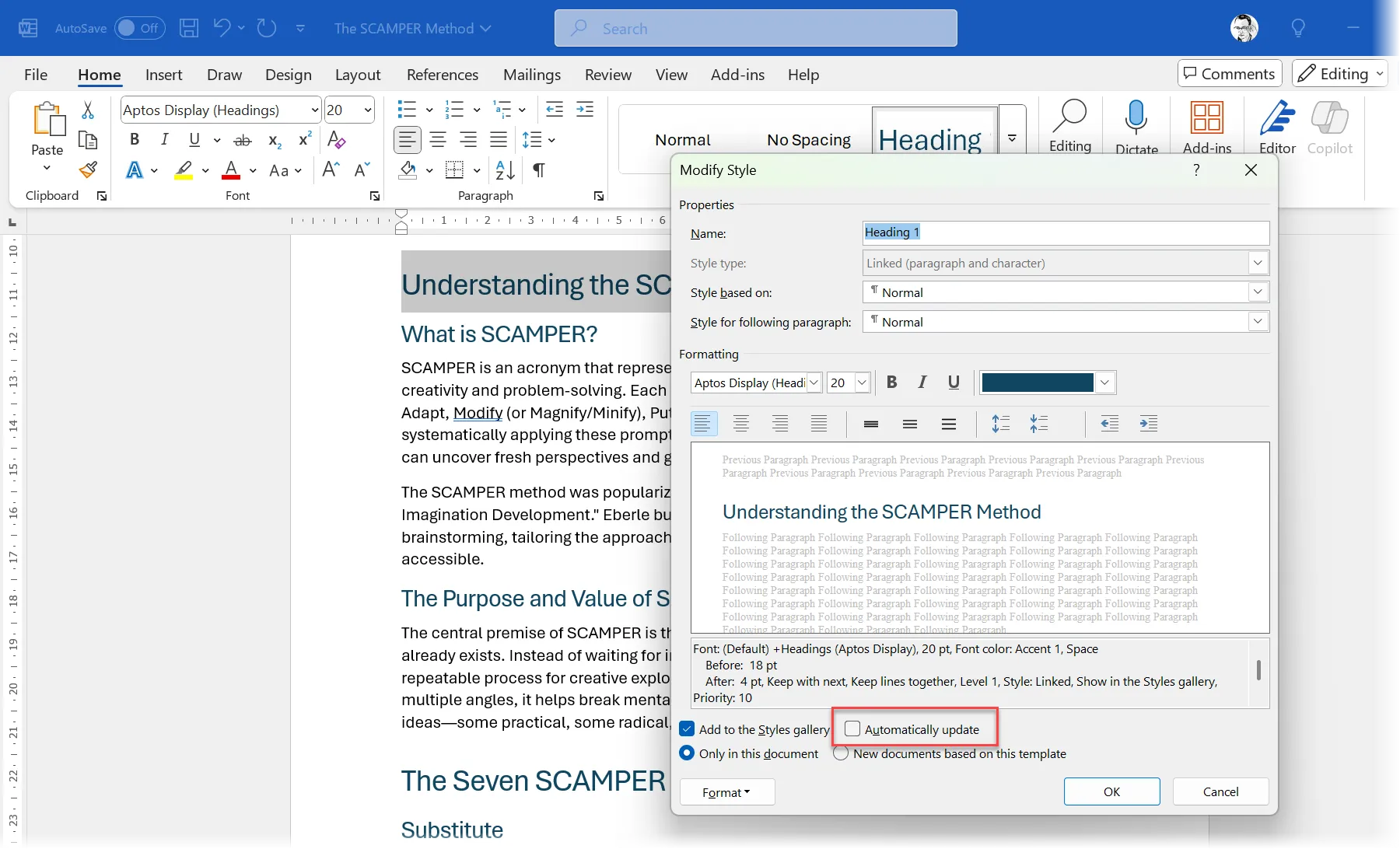 Tắt tùy chọn tự động cập nhật style Automatically update trong Word