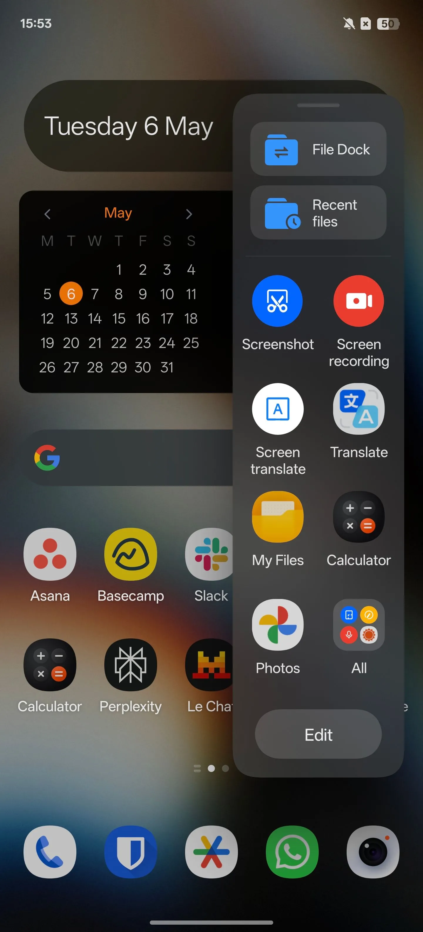 Thanh bên thông minh (Smart Sidebar) hiển thị trên màn hình chính của điện thoại OnePlus, chứa các lối tắt tiện ích.