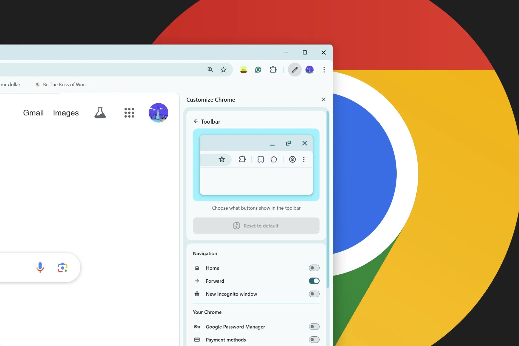 Thanh bên tùy chỉnh Chrome với logo Google Chrome ở nền, biểu tượng của sự tinh giản