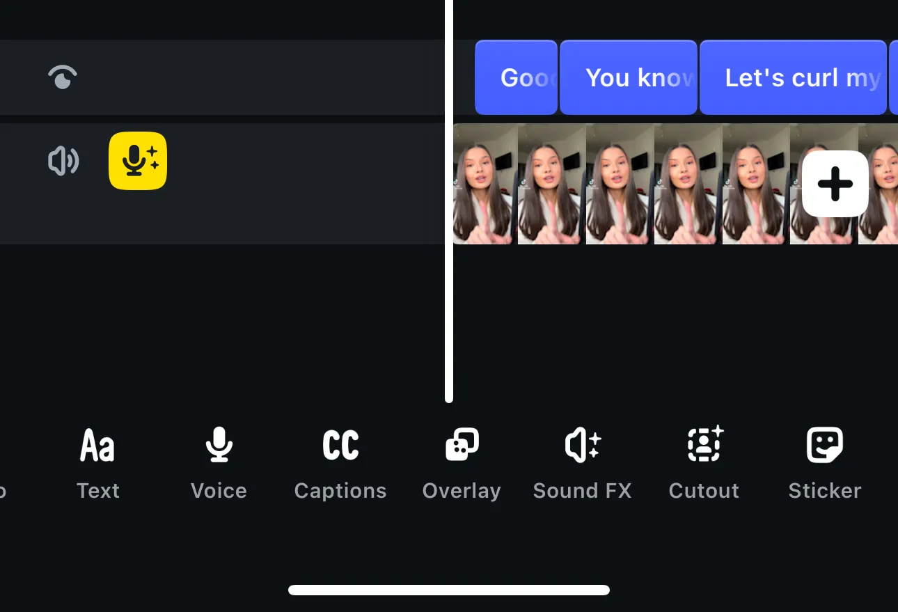 Thanh công cụ chỉnh sửa trong Edits app với các tính năng như Âm thanh, Văn bản, Lồng tiếng, Chú thích tự động và hiệu ứng.