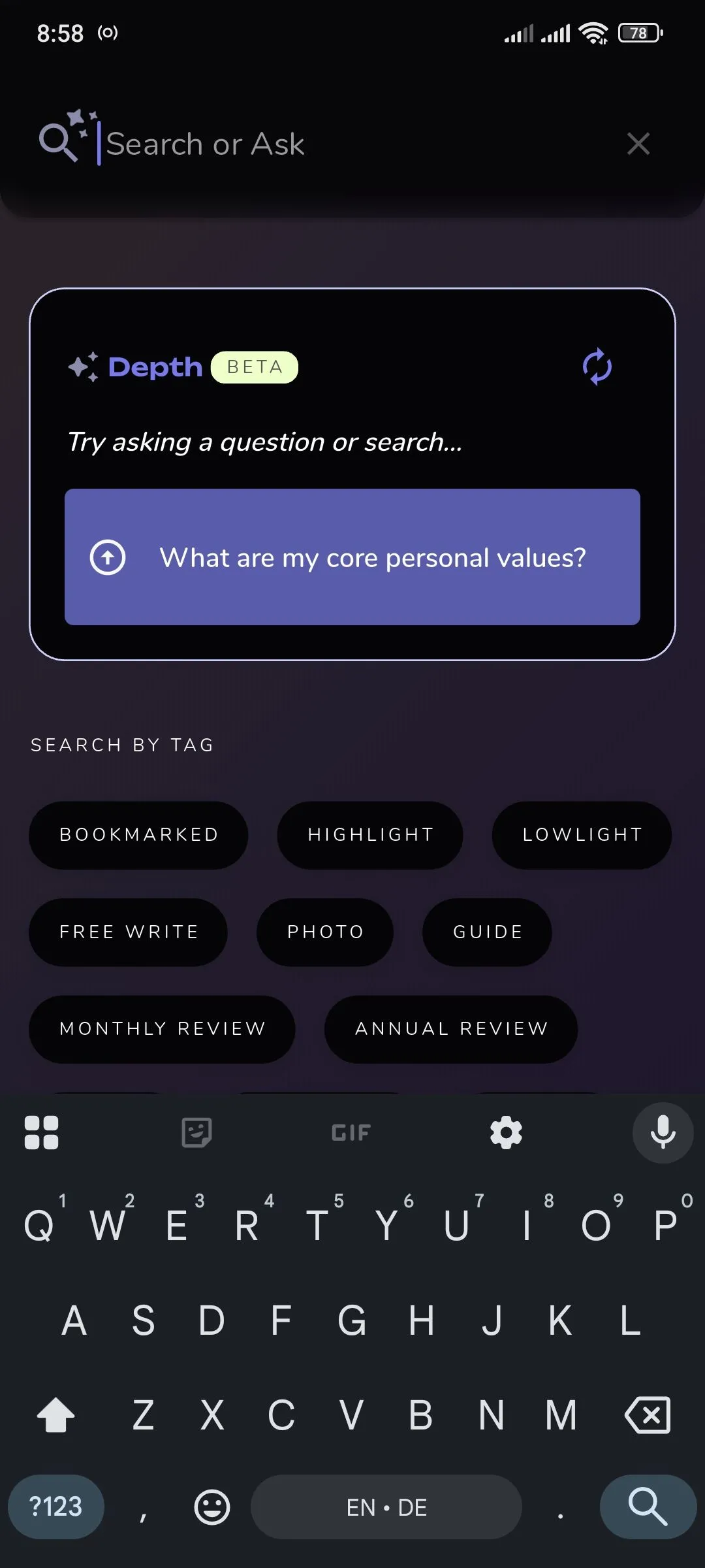 Thanh tìm kiếm Depth AI của Reflection.app, minh họa tính năng tìm kiếm thông minh để khám phá các mẫu hình trong nhật ký