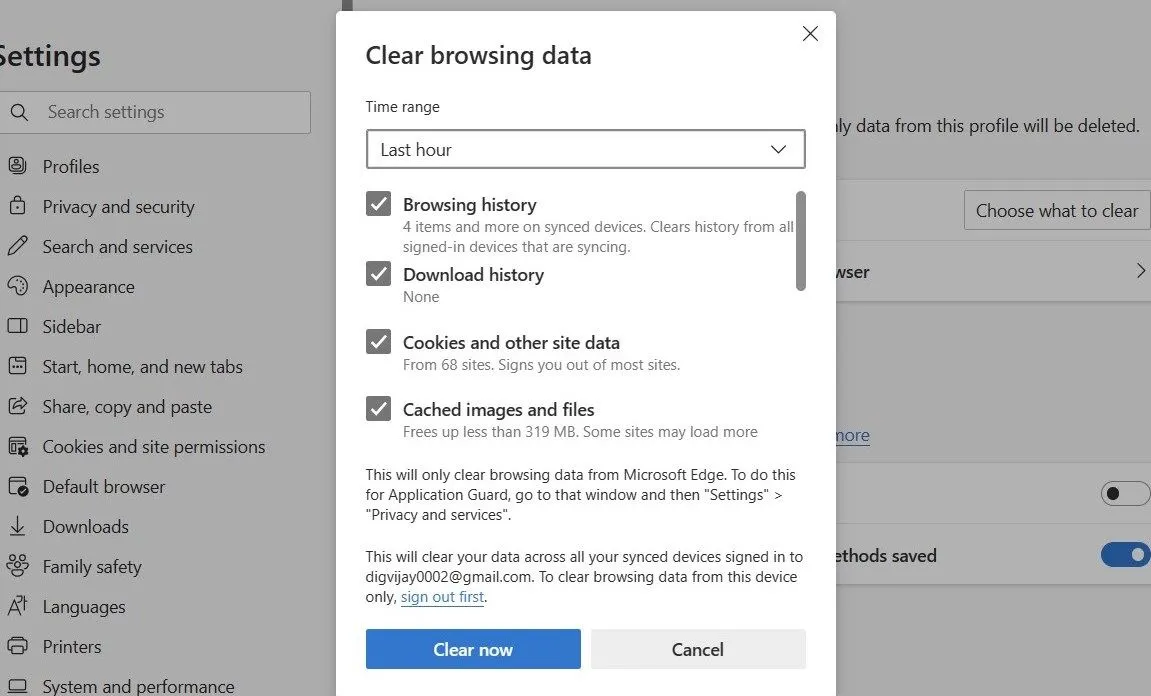 Thao tác xóa dữ liệu duyệt web trên Microsoft Edge