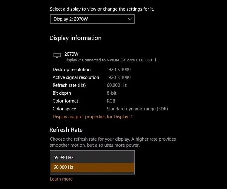 Thay đổi tần số quét màn hình trên cài đặt hiển thị của Windows 10