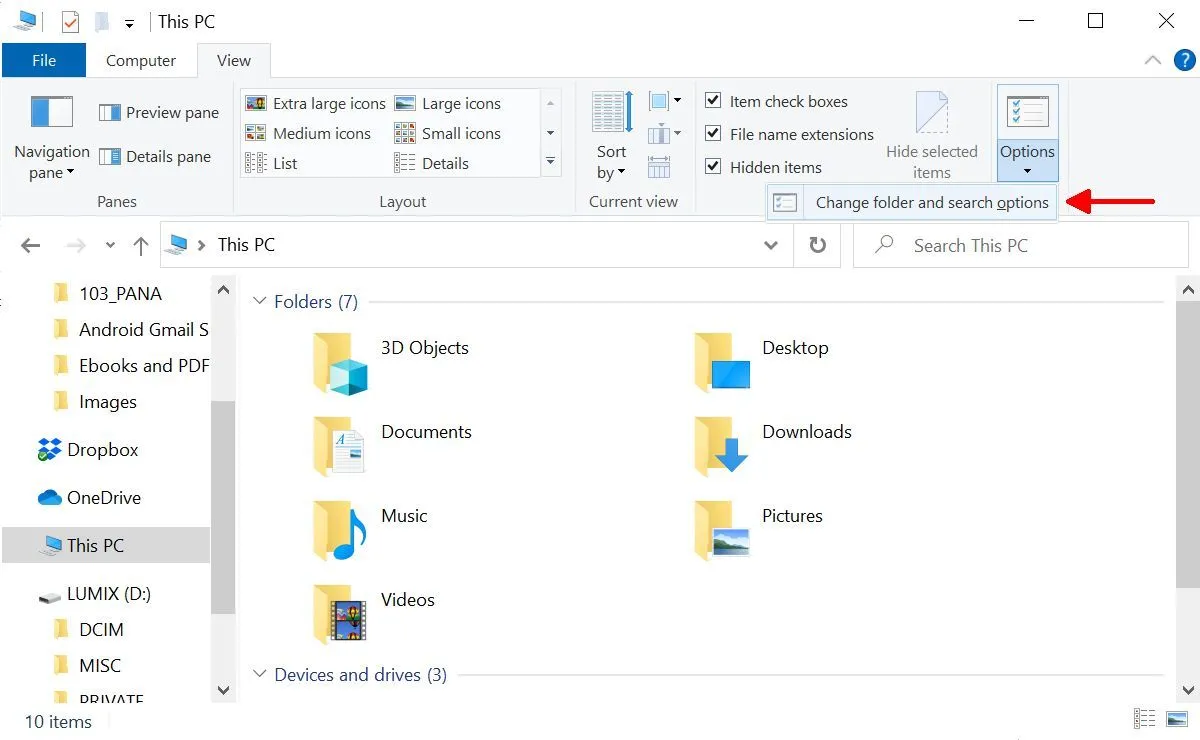 Thay đổi tùy chọn thư mục và tìm kiếm trong File Explorer trên Windows 10