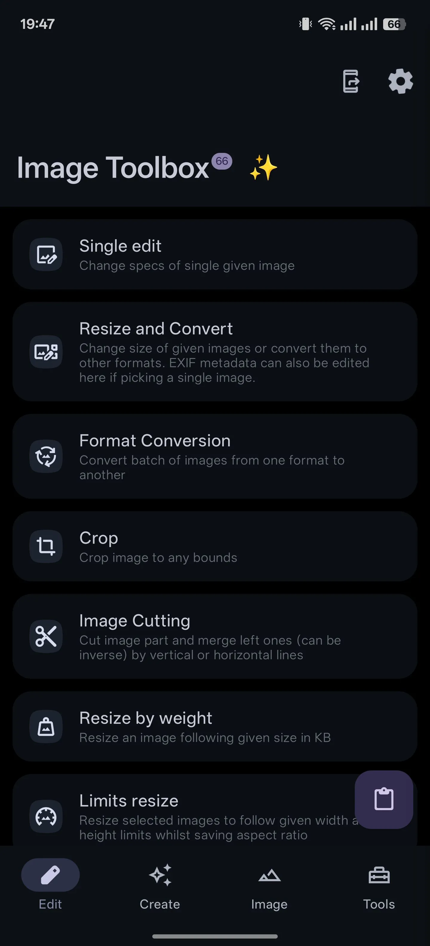 Thẻ &quot;Chỉnh sửa&quot; (Edit) trong ứng dụng Image Toolbox trên Android với các công cụ sửa ảnh.