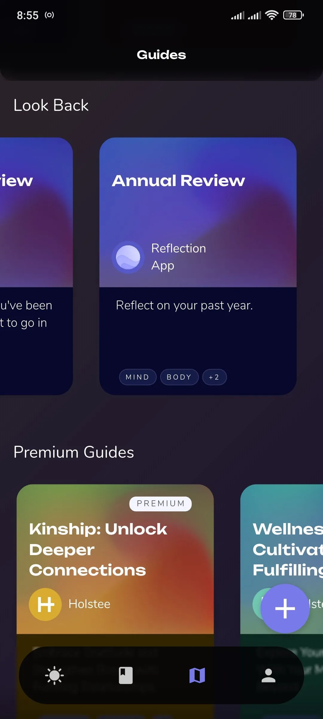 Thẻ đánh giá hàng năm trong phần hướng dẫn của Reflection.app, giúp người dùng nhìn lại và định hướng phát triển bản thân