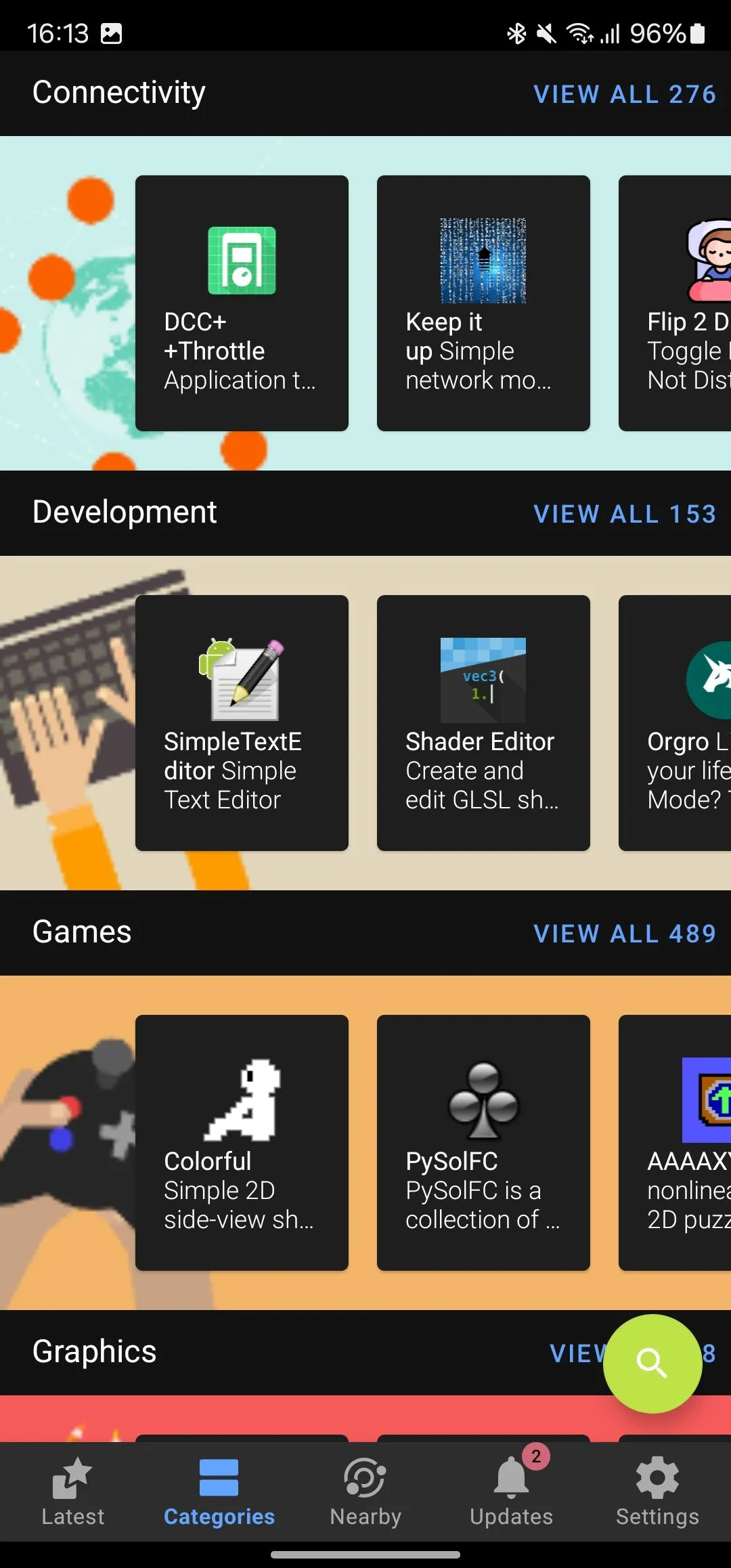 Thẻ &quot;Danh mục&quot; trong ứng dụng F-Droid, hiển thị các loại ứng dụng mã nguồn mở khác nhau có sẵn để người dùng khám phá và tải về.