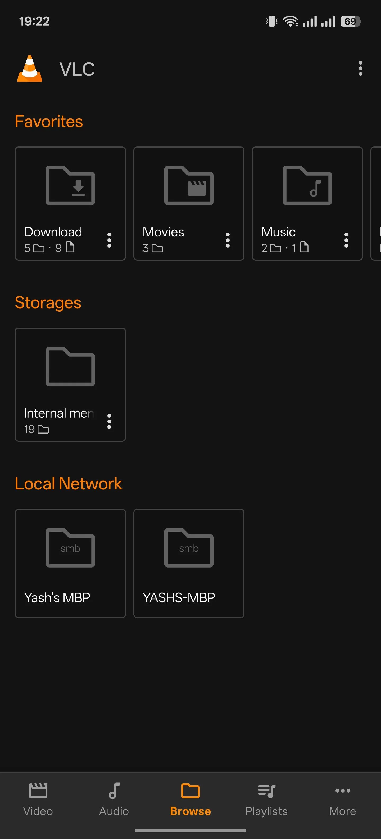 Thẻ Duyệt (Browse) trong ứng dụng VLC for Android hiển thị các thư mục và file media.