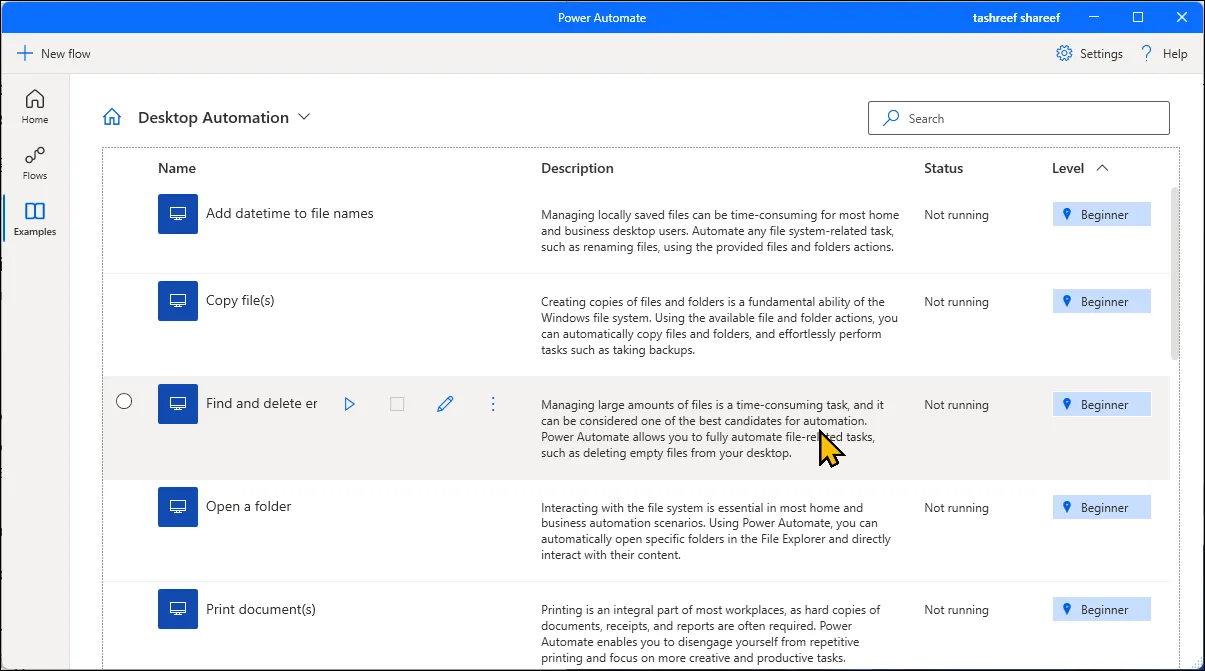 Thẻ &quot;Examples&quot; (Ví dụ) đang mở trong Microsoft Power Automate trên Windows 11, hiển thị các mẫu luồng tự động hóa có sẵn.