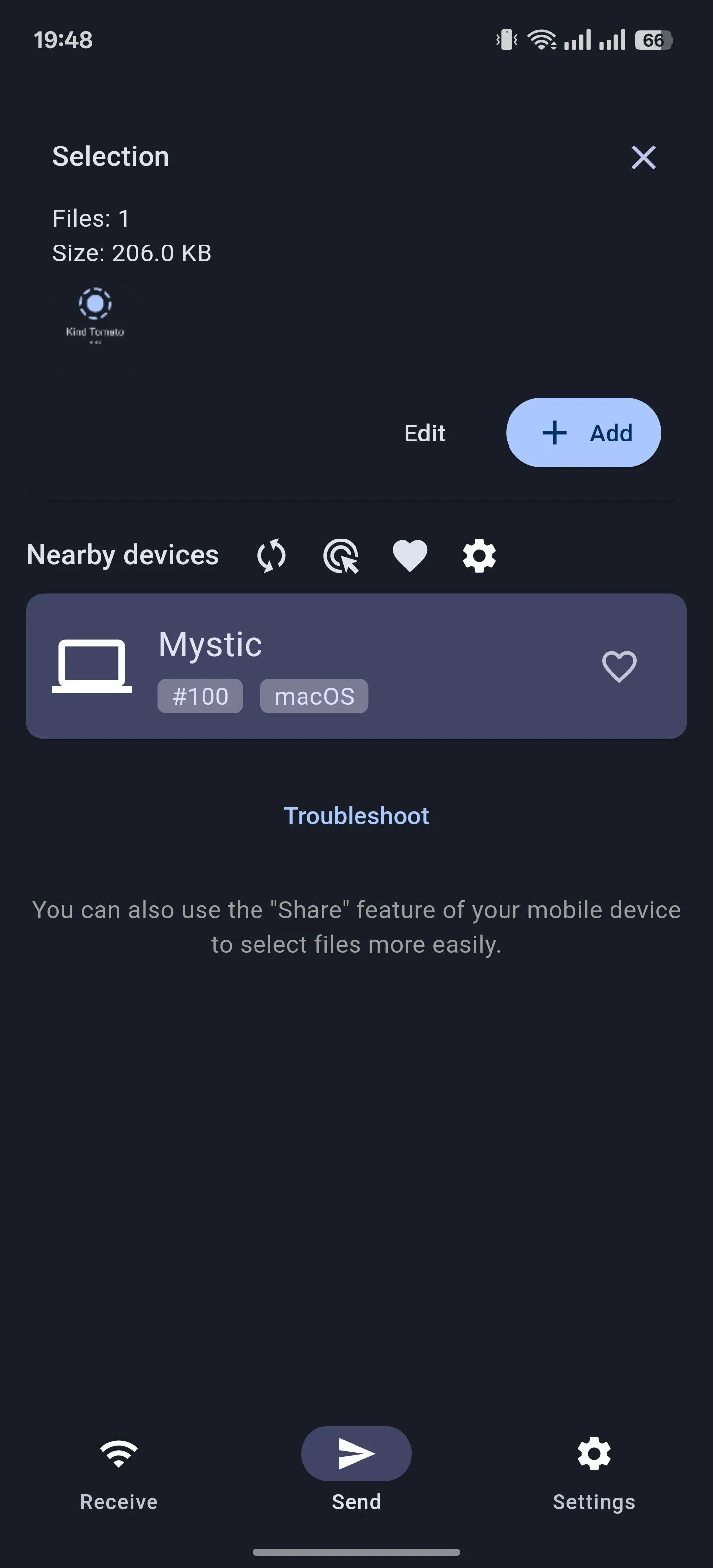 Thẻ &quot;Gửi&quot; (Send) trong ứng dụng LocalSend trên Android, hiển thị các thiết bị khả dụng để chia sẻ file.
