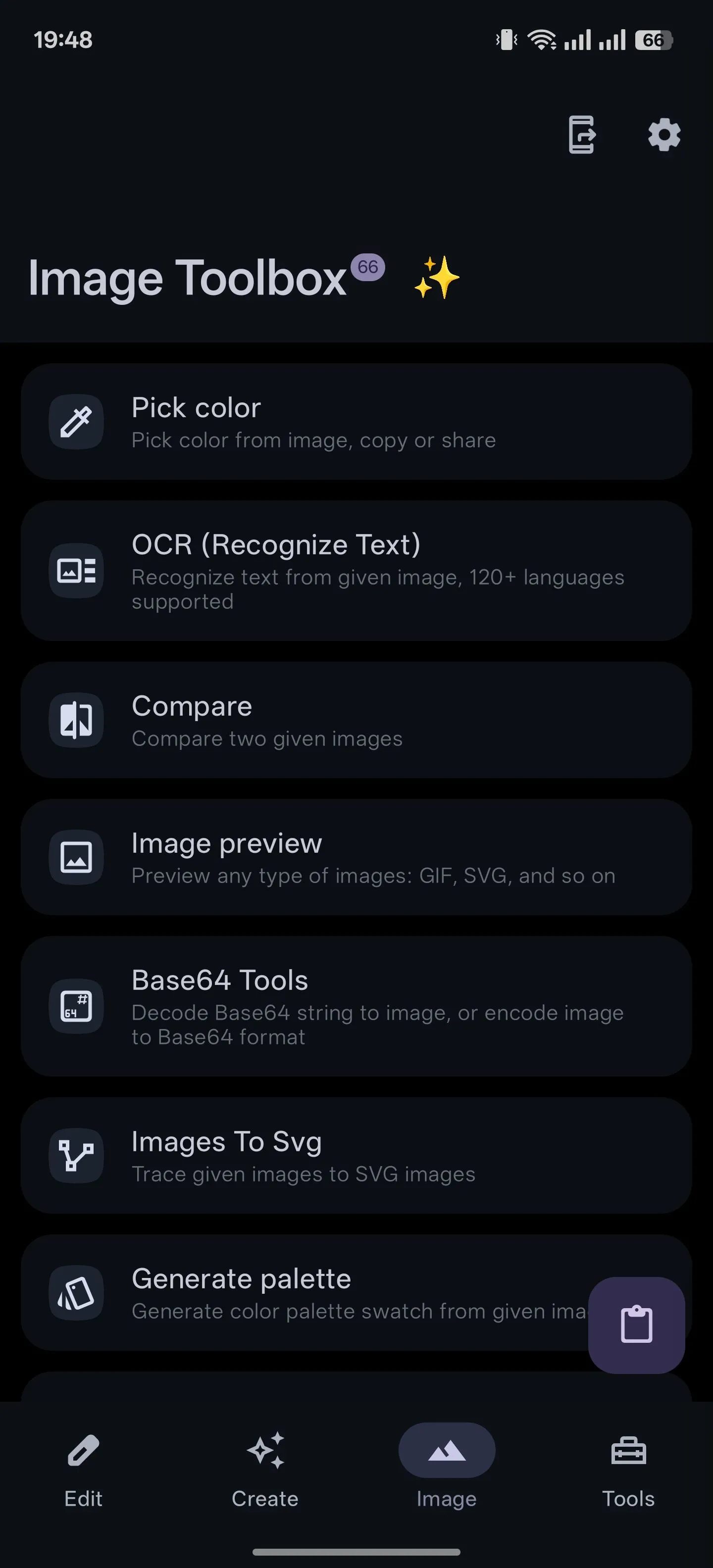 Thẻ &quot;Hình ảnh&quot; (Image) trong ứng dụng Image Toolbox Android hiển thị các tùy chọn xử lý ảnh.
