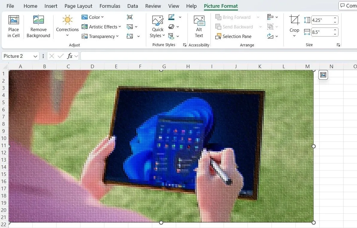 Thẻ Picture Format trong Excel với các tùy chọn chỉnh sửa ảnh như đổ bóng, phản chiếu, hiệu ứng viền ảnh