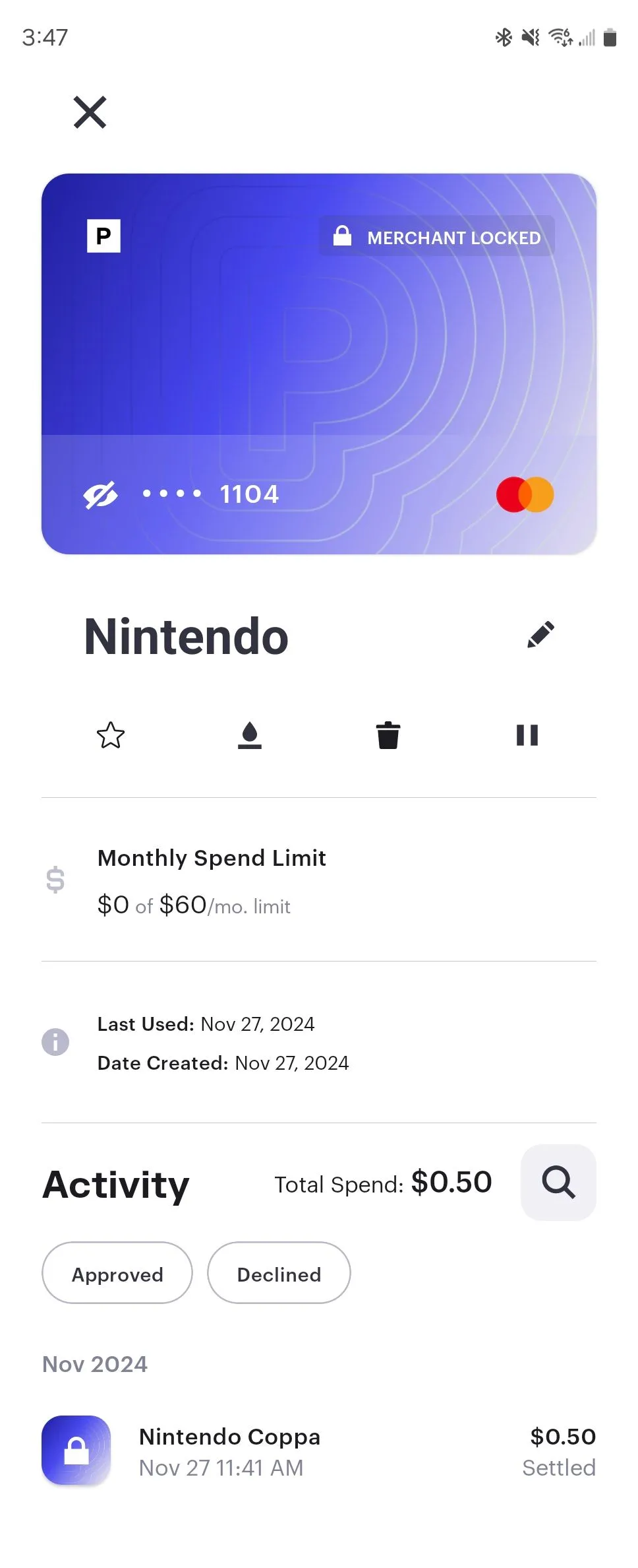 Thẻ thanh toán tạm thời dành cho Nintendo được tạo thông qua ứng dụng Privacy trên Android, giúp bảo vệ thông tin tài chính khi mua sắm trực tuyến.