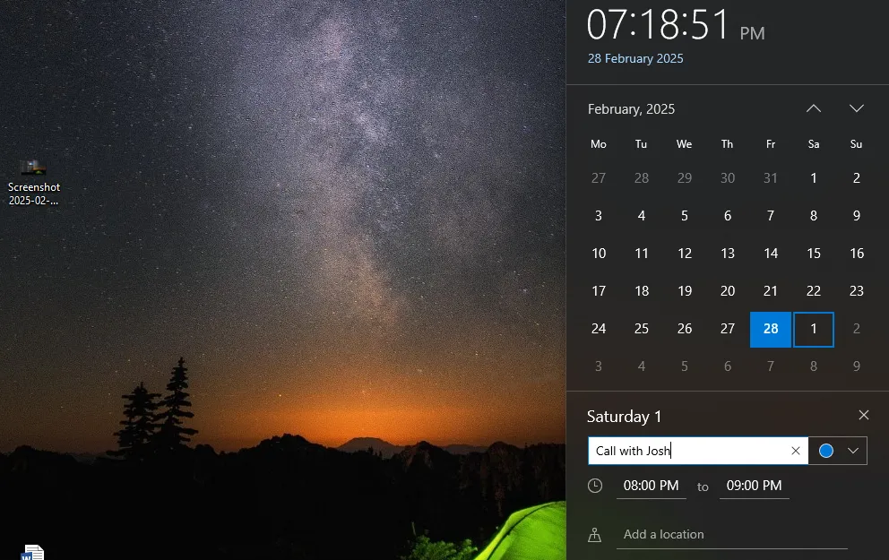 Thêm sự kiện trực tiếp từ lịch trên thanh Taskbar của Windows 10