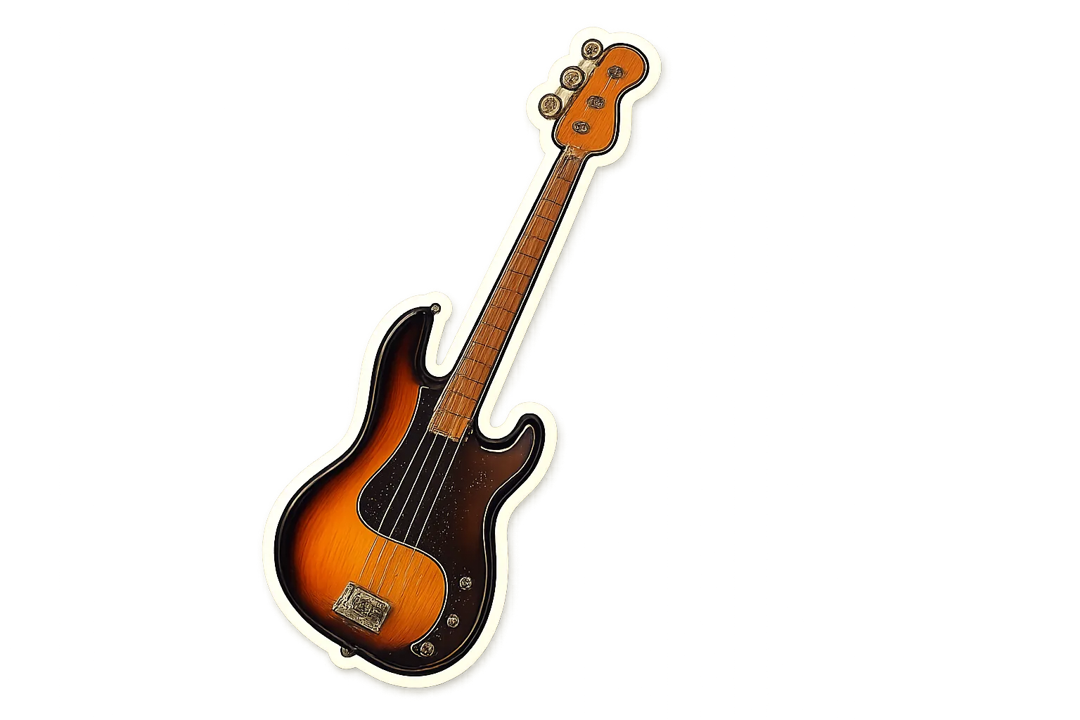 Thiết kế sticker đàn guitar bass điện màu sunburst với đường viền nổi bật, tạo từ nghệ thuật AI.