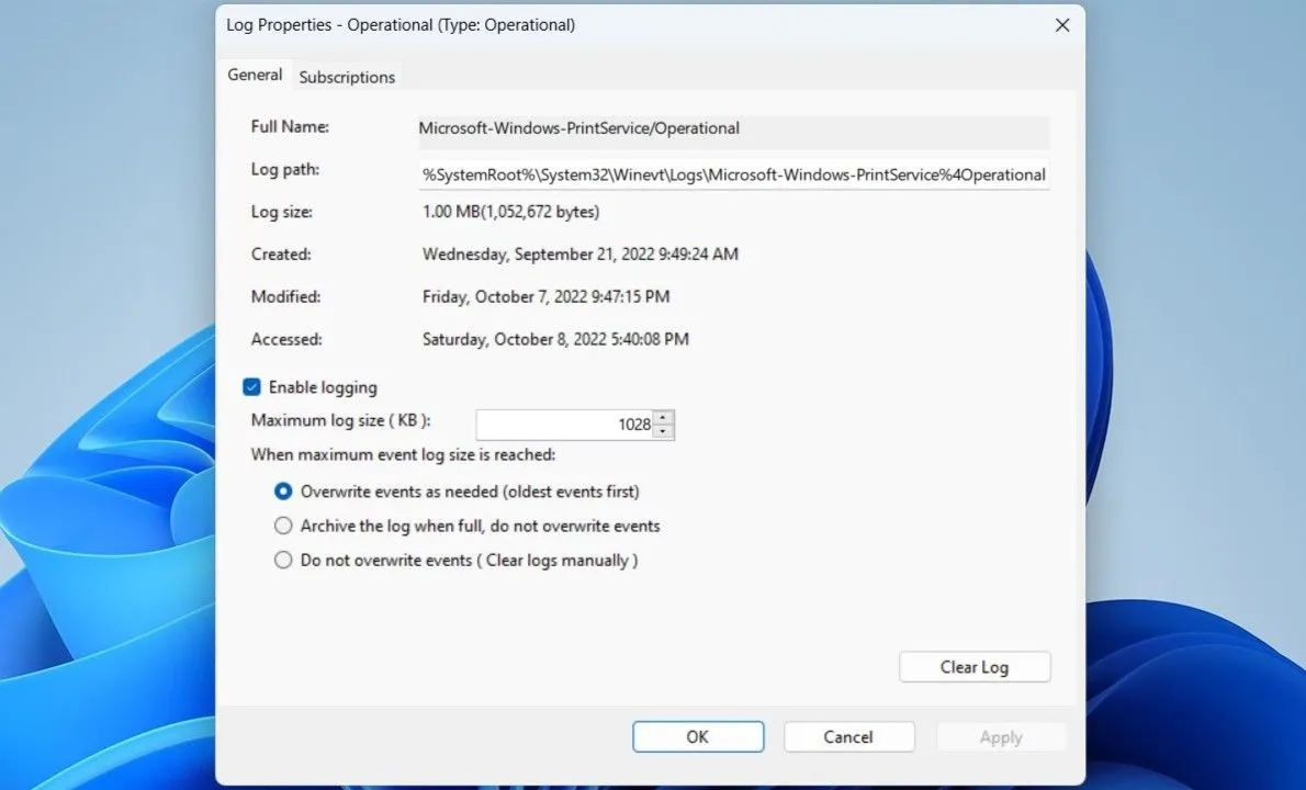 Thiết lập bật ghi lịch sử in trong cài đặt Event Viewer trên Windows