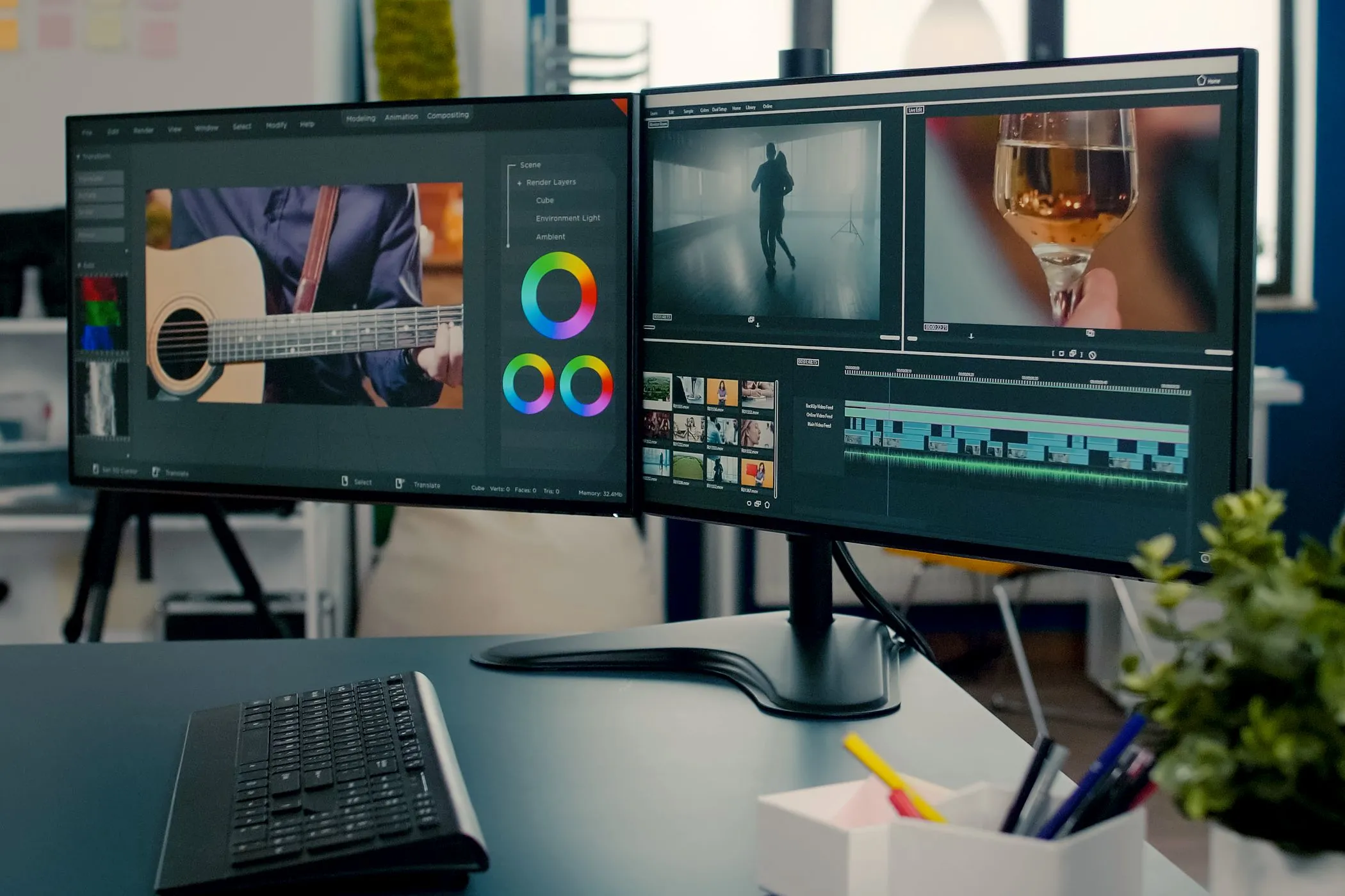 Thiết lập hai màn hình với phần mềm chỉnh sửa video, minh họa khả năng mở rộng hiển thị qua USB-C hoặc DisplayPort