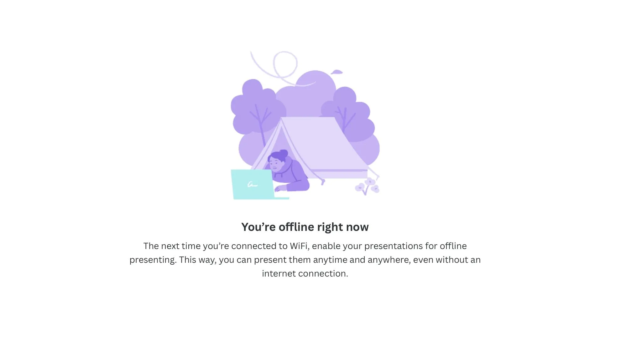 Thông báo &quot;Bạn đang ngoại tuyến&quot; của Canva, nhấn mạnh yêu cầu kết nối internet để sử dụng nền tảng này.