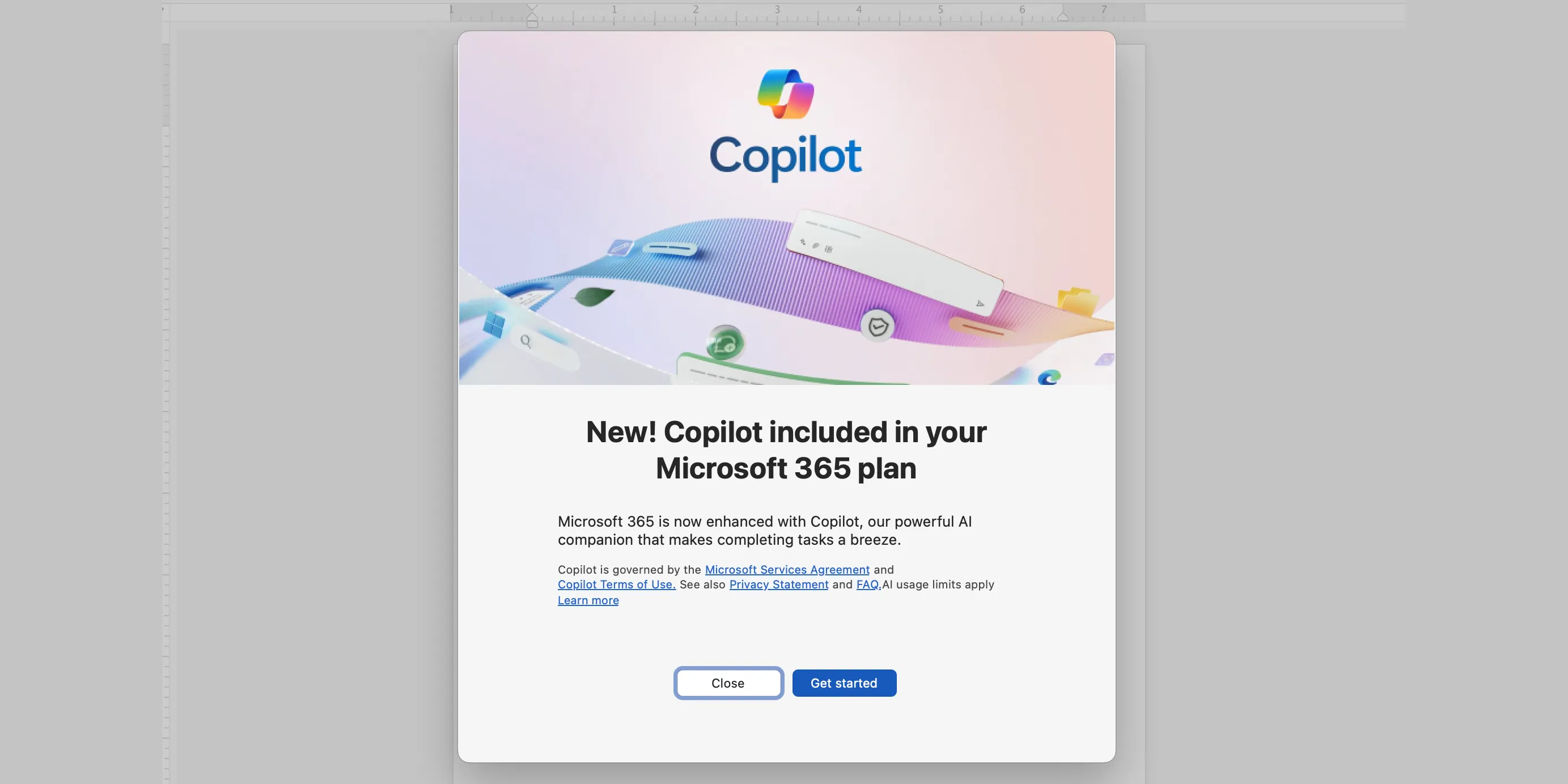 Thông báo cập nhật Copilot trên giao diện Microsoft Word