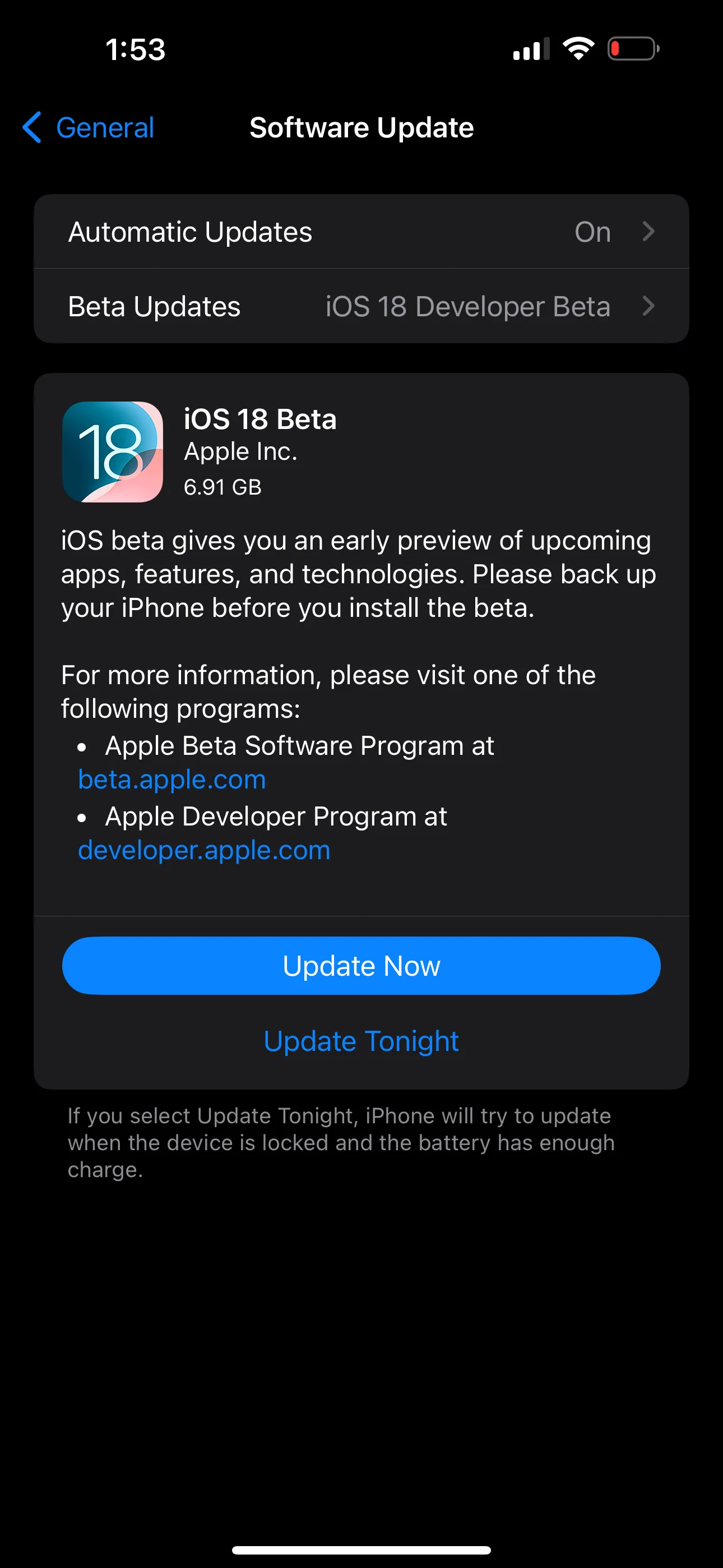 Thông báo cập nhật hệ điều hành iOS 18 Beta xuất hiện trên màn hình iPhone