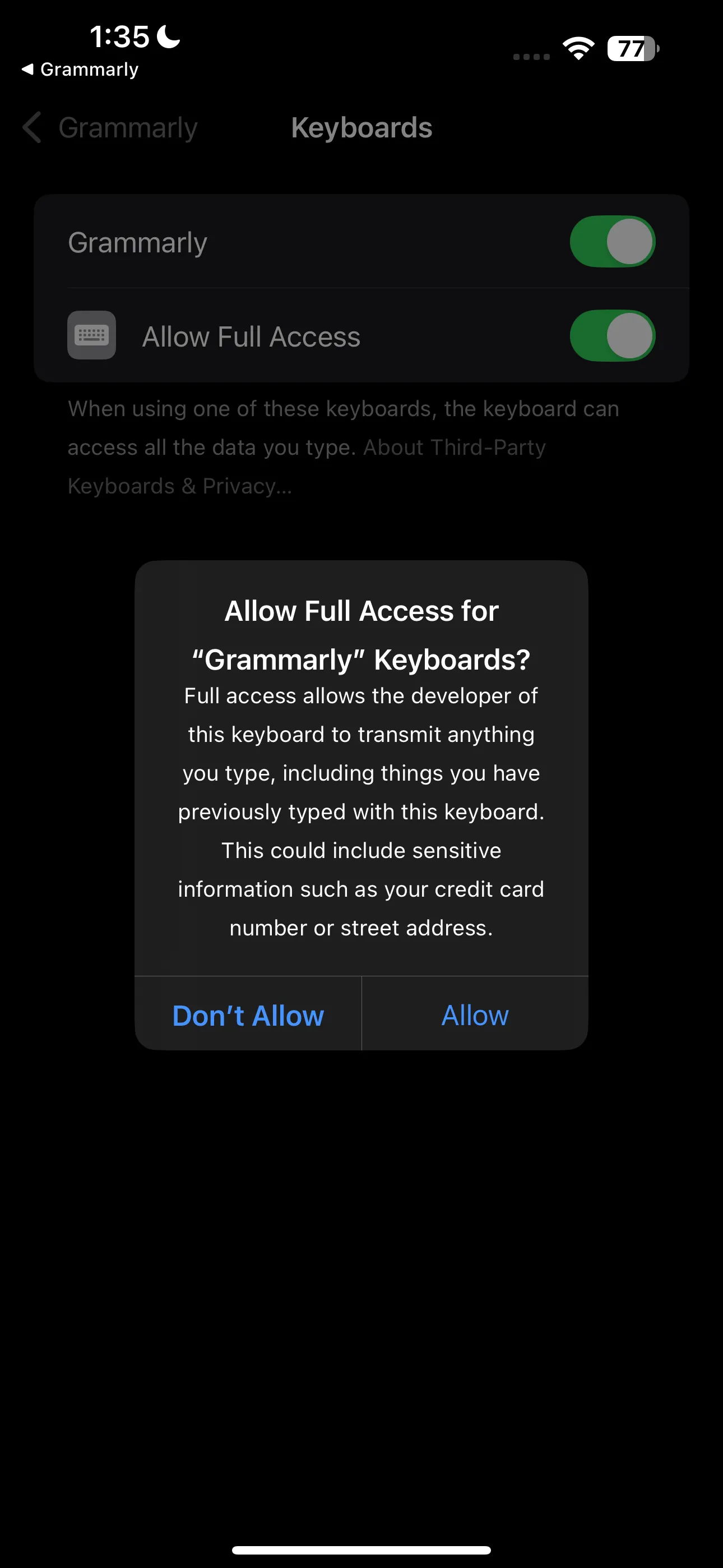 Thông báo cho phép Grammarly truy cập đầy đủ bàn phím để kích hoạt các tính năng nâng cao