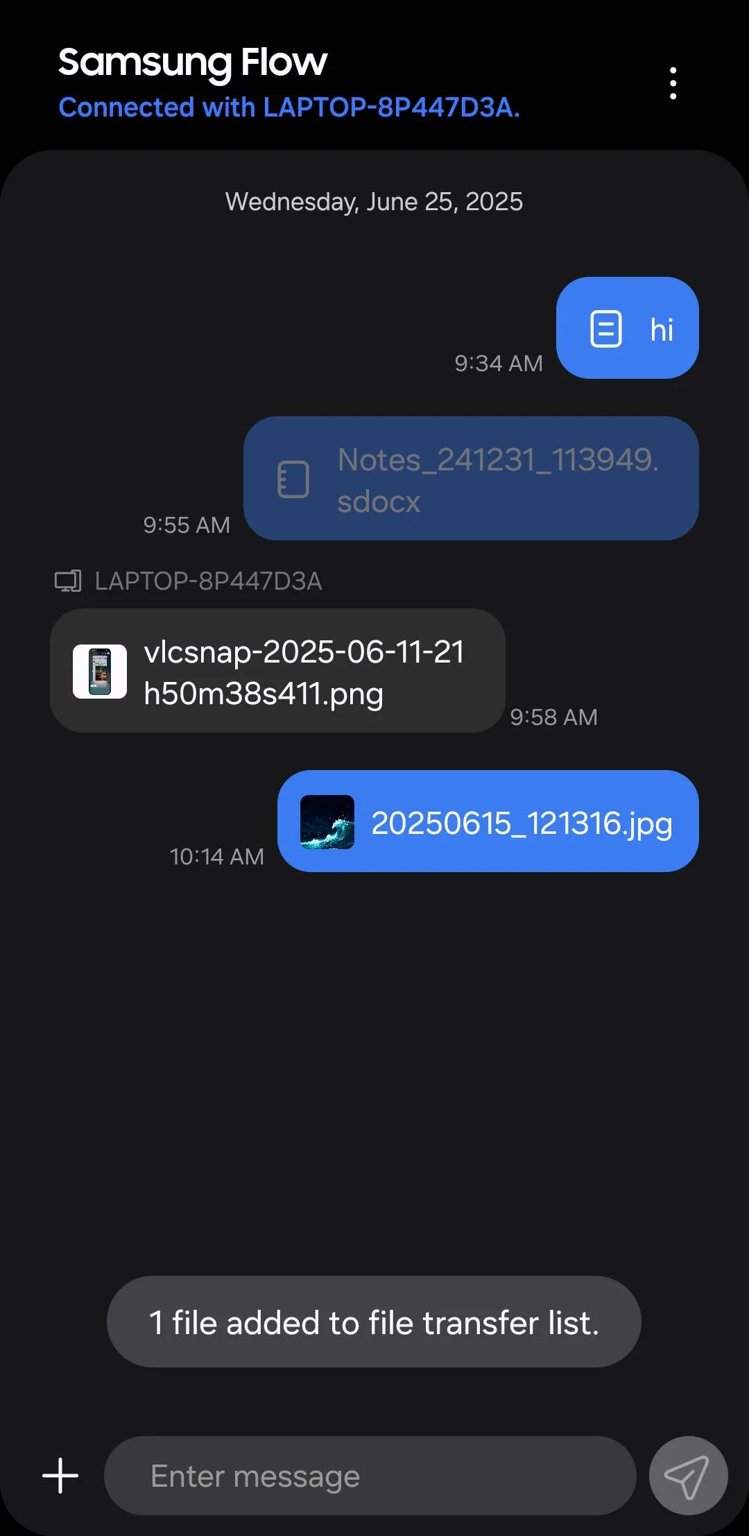 Thông báo gửi file thành công trên ứng dụng Samsung Flow của điện thoại