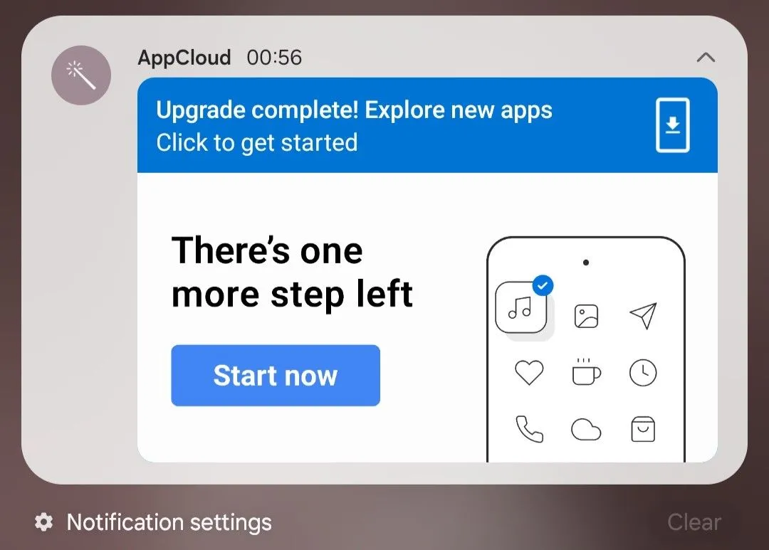 Thông báo khuyến mãi &quot;khám phá ứng dụng mới&quot; từ AppCloud xuất hiện trên màn hình điện thoại Samsung, có nội dung &quot;There's one more step left&quot;.