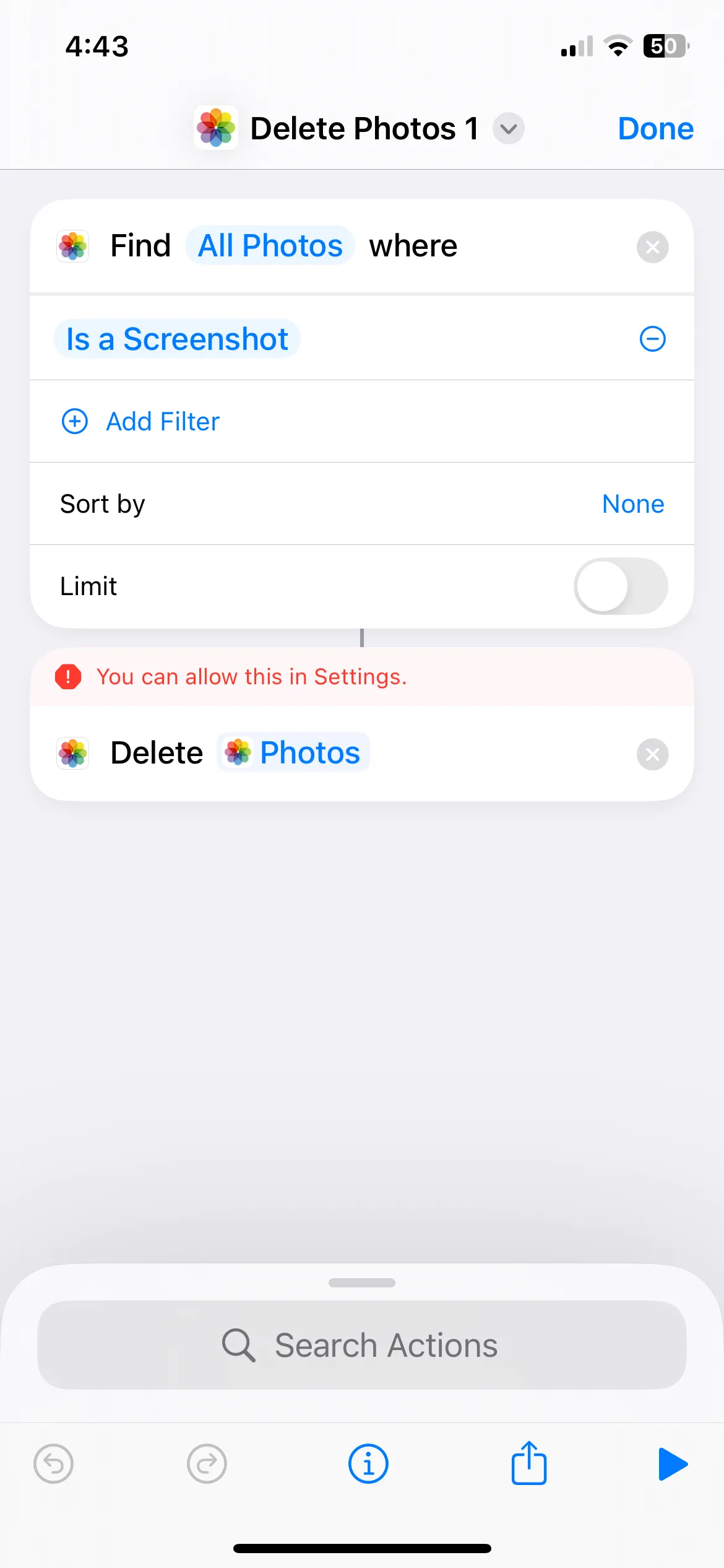 Thông báo lỗi khi phím tắt cố gắng xóa số lượng lớn ảnh chụp màn hình trên iPhone