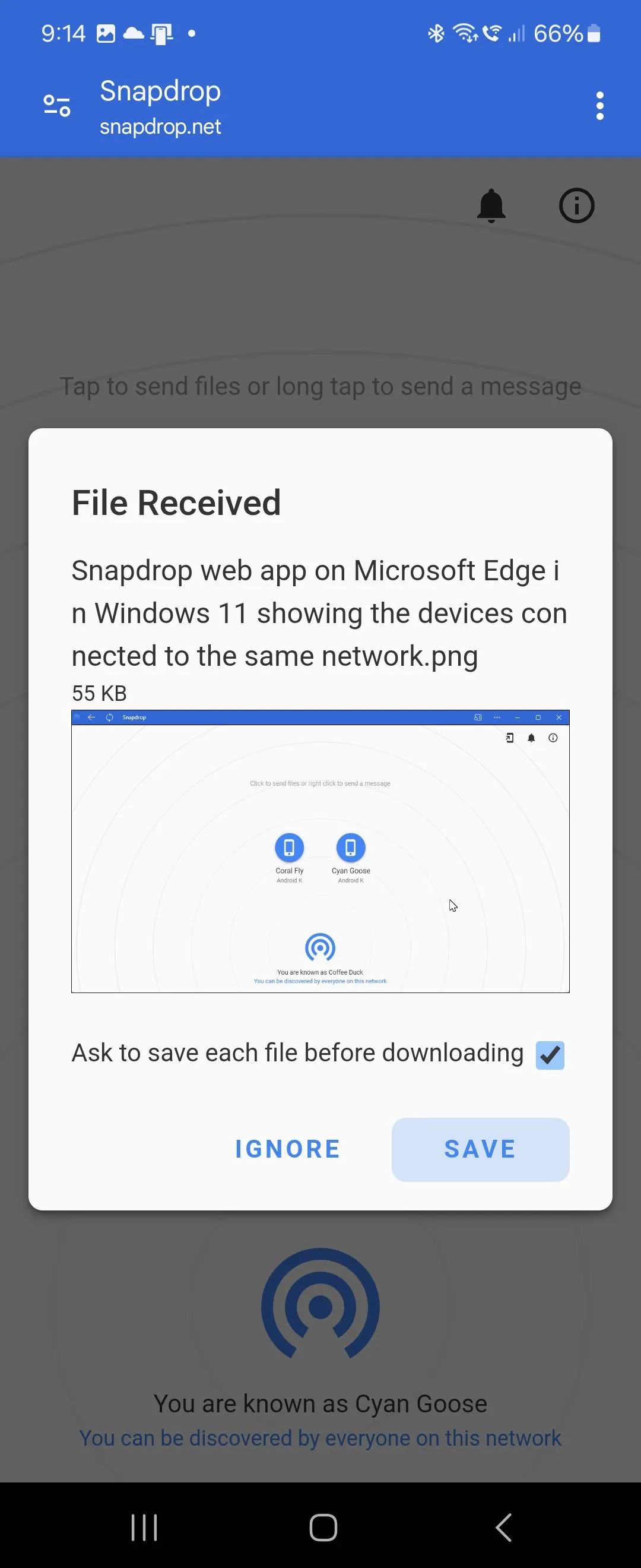 Thông báo nhận tệp từ ứng dụng web Snapdrop trên điện thoại Android