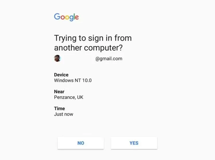 Thông báo xác minh 2 bước của Google trên thiết bị thứ hai