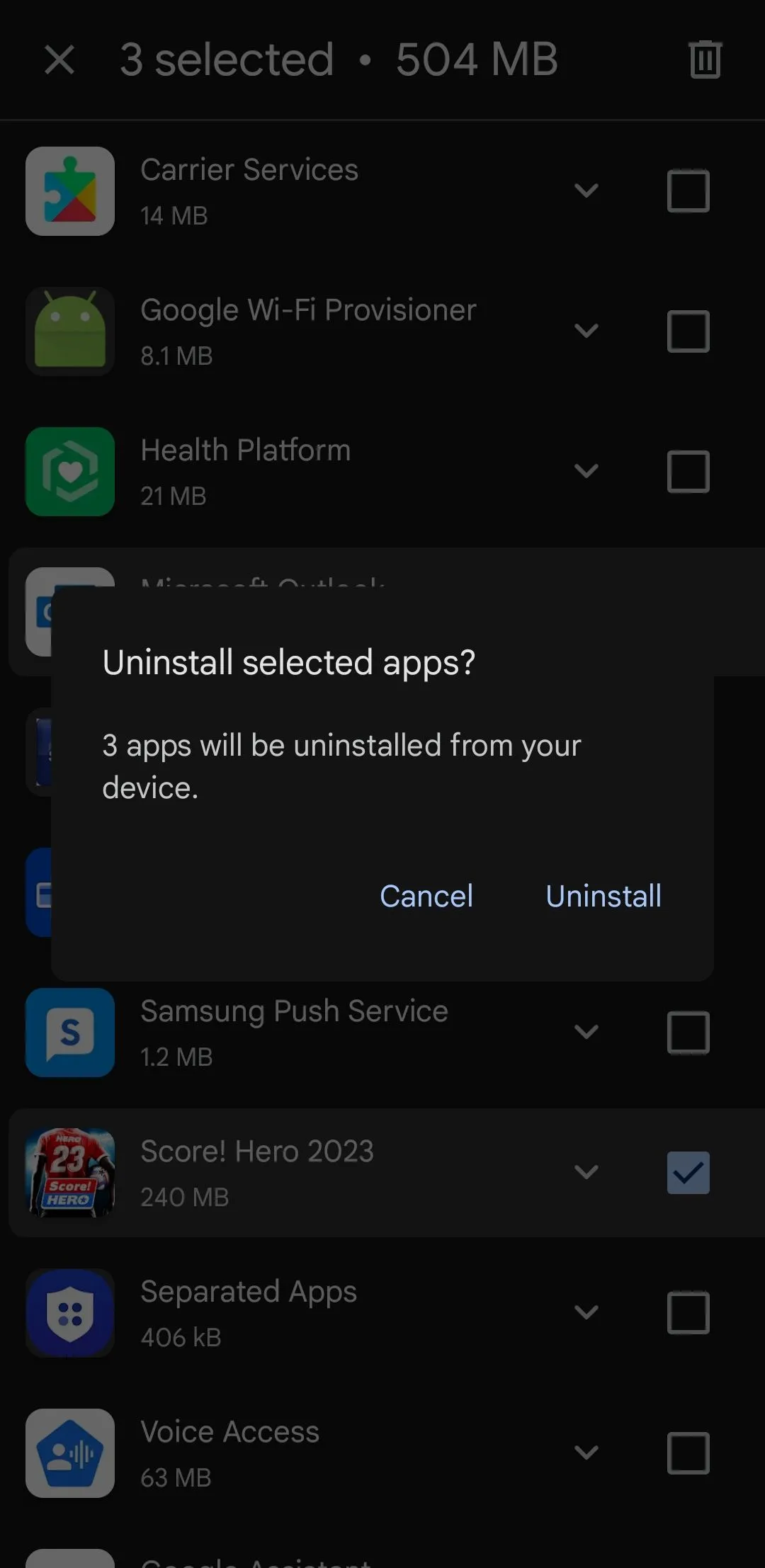 Thông báo xác nhận gỡ cài đặt nhiều ứng dụng cùng lúc trong Google Play Store trên điện thoại Samsung