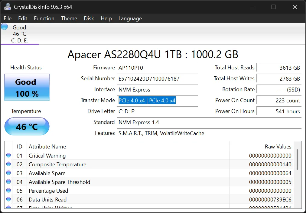Thông tin chế độ PCIe của ổ cứng NVMe SSD hiển thị trong CrystalDiskInfo