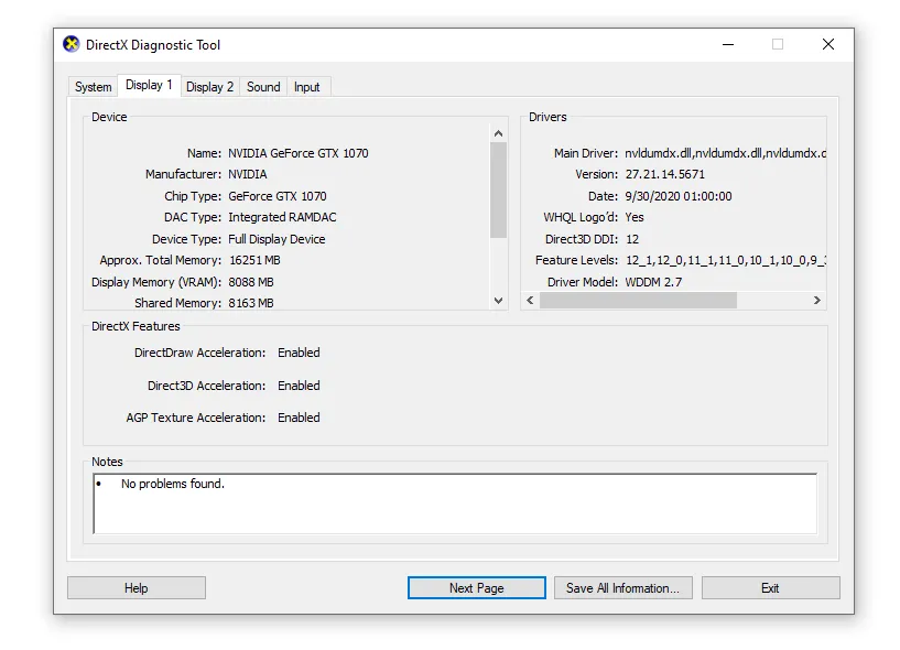 Thông tin hiển thị trong công cụ DirectX Diagnostic (DxDiag)