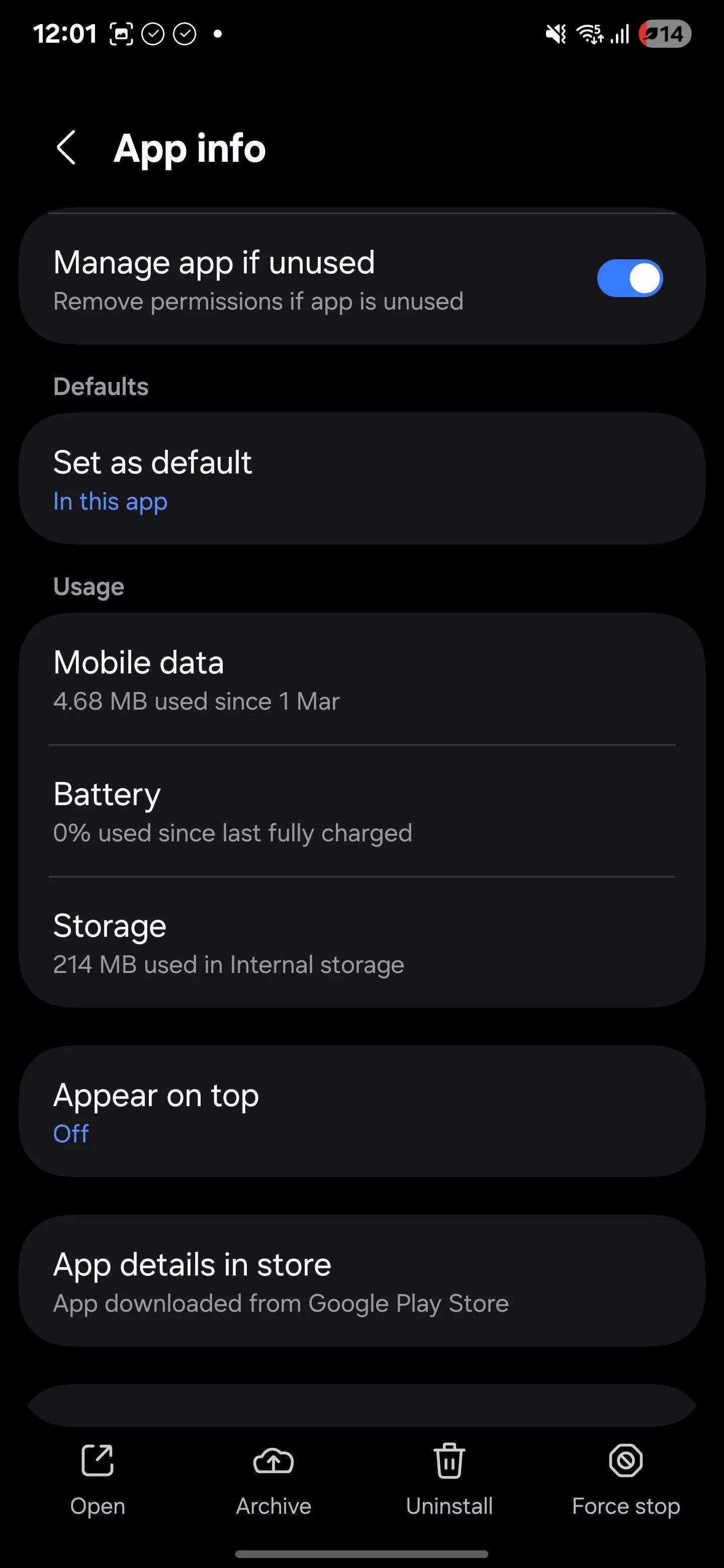Thông tin ứng dụng Samsung trong menu cài đặt