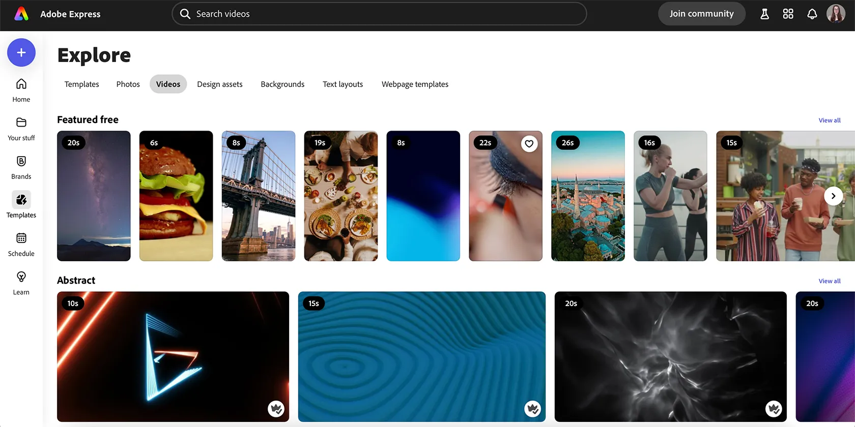 Thư viện tài nguyên video stock chất lượng cao trong Adobe Express, giúp làm phong phú nội dung.