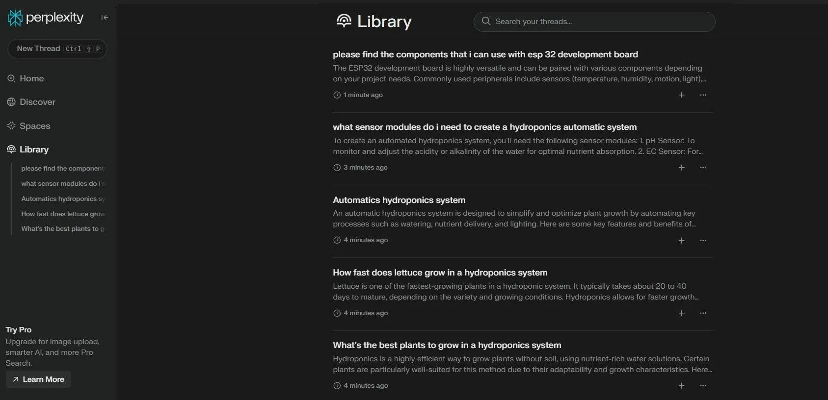 Thư viện tìm kiếm (Library) của Perplexity AI hiển thị danh sách các truy vấn đã thực hiện, cho phép người dùng dễ dàng xem lại và quản lý lịch sử tìm kiếm của mình