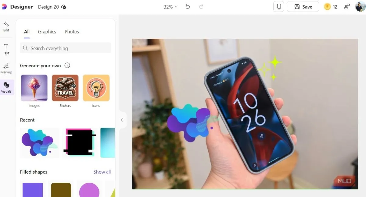 Thư viện Visuals phong phú với đồ họa, ảnh stock và khả năng tạo ảnh bằng AI trong Microsoft Designer