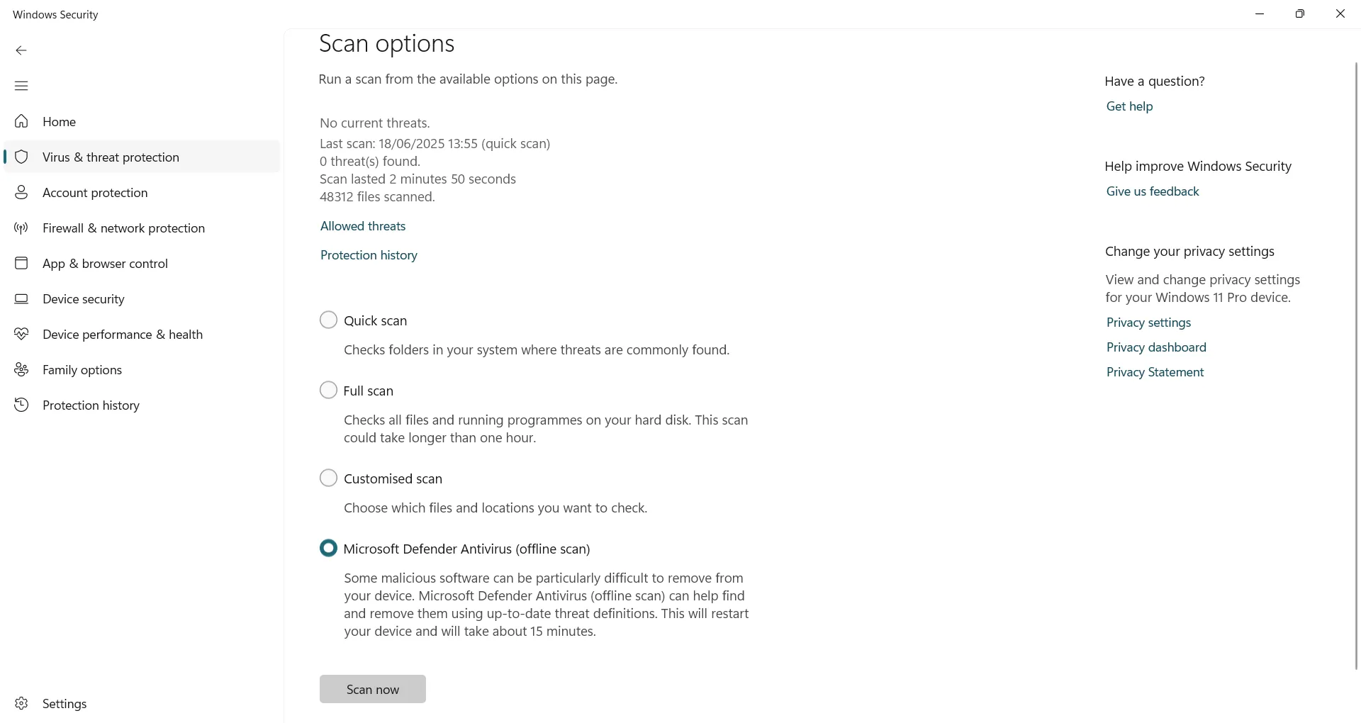 Thực hiện quét ngoại tuyến với Microsoft Defender Antivirus trong Windows Security