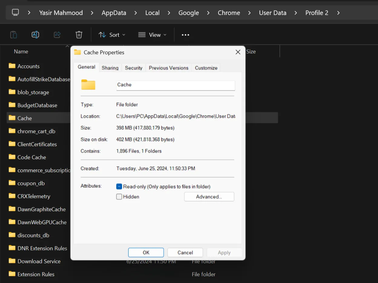 Thuộc tính thư mục bộ nhớ đệm Google Chrome trong Windows