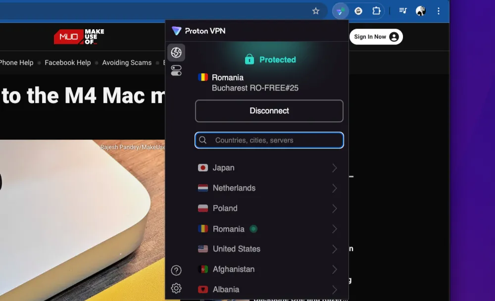 Tiện ích mở rộng ProtonVPN đang hoạt động trên trình duyệt Chrome