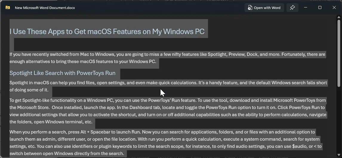 Tiện ích PowerToys Peek hiển thị cửa sổ xem trước tài liệu văn bản trên Windows 11
