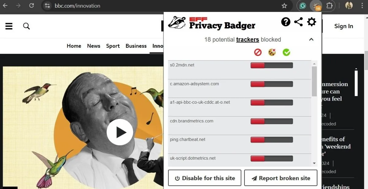 Tiện ích Privacy Badger đang hoạt động trên trình duyệt Chrome