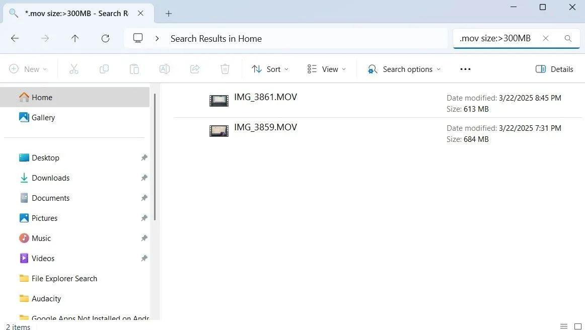 Tìm kiếm các tệp video MOV có dung lượng lớn hơn 300 MB bằng cách kết hợp bộ lọc trong File Explorer.