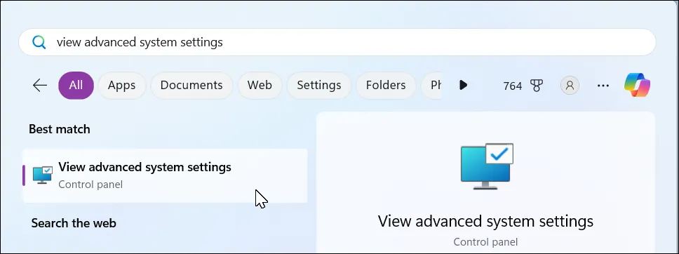 Tìm kiếm cài đặt hệ thống nâng cao trên Windows 11