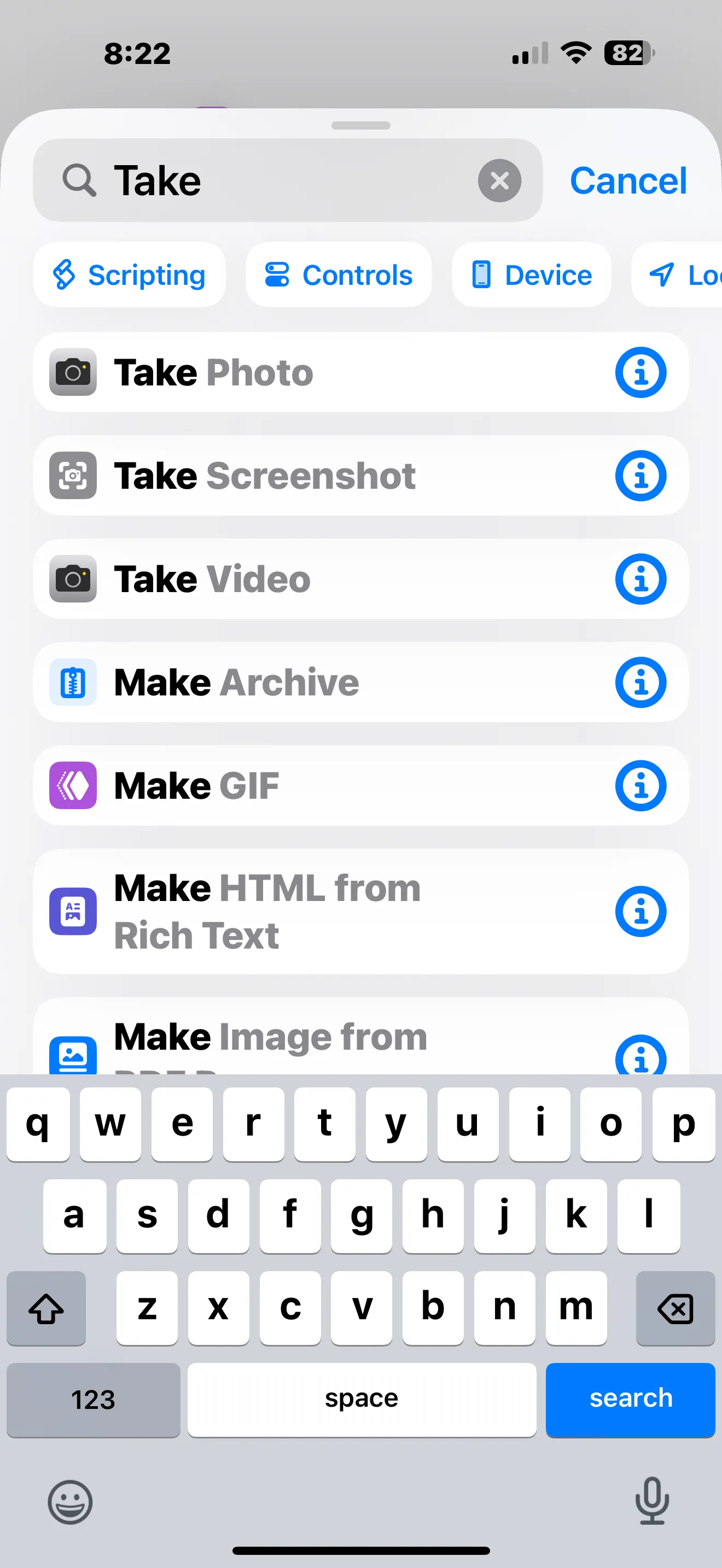 Tìm kiếm hành động "Take Screenshot" trong ứng dụng Phím tắt để tạo phím tắt chụp màn hình iPhone